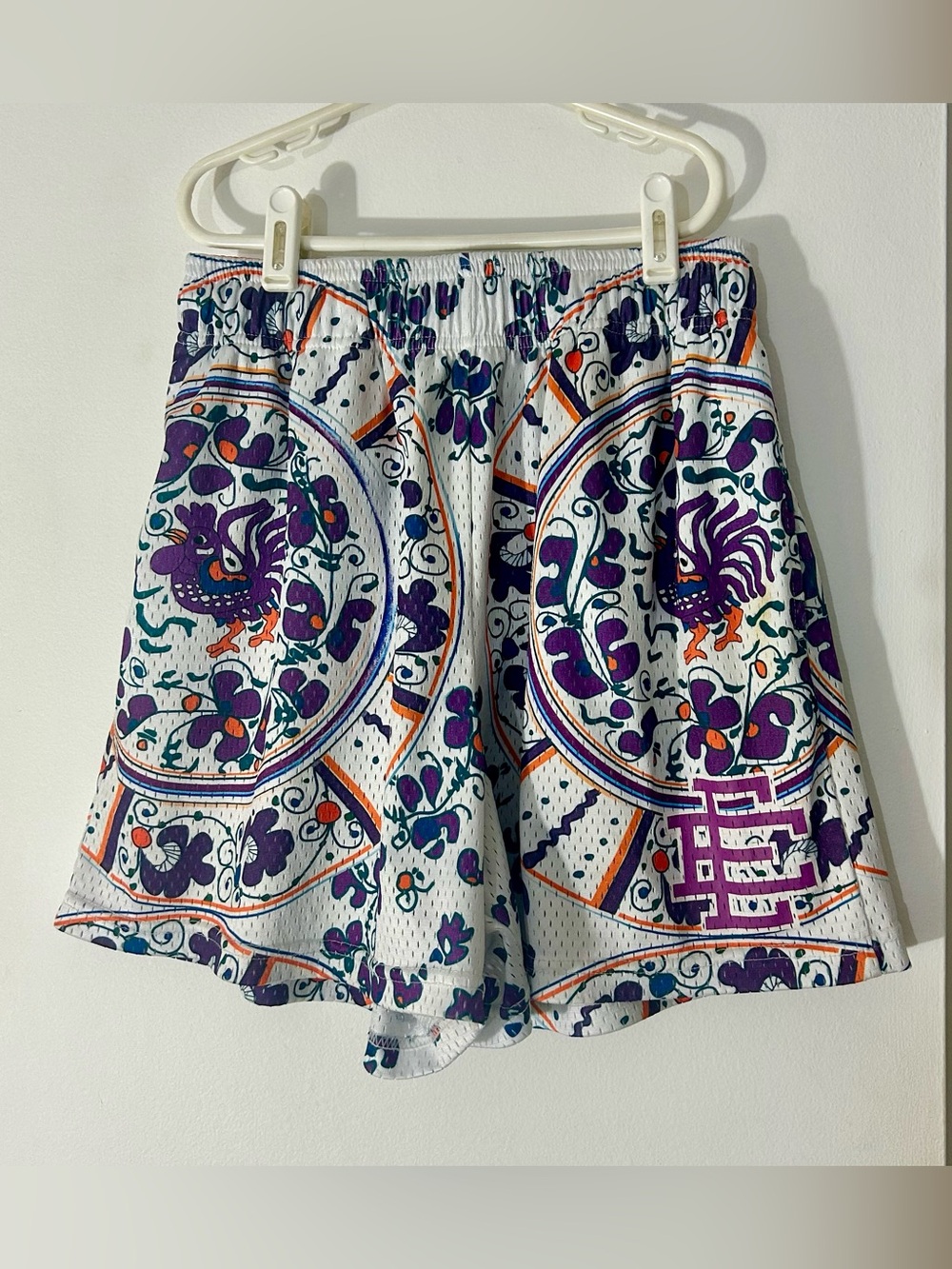 Eric Emanuel EE Basic Core Shorts, Purple Rooster, Men’s Medium, White - Purple
